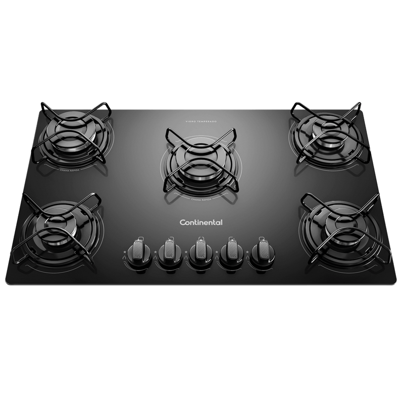 Cooktop 5 Bocas Continental a Gás de Vidro Temperado Preto (KC5GP) - Bivolt