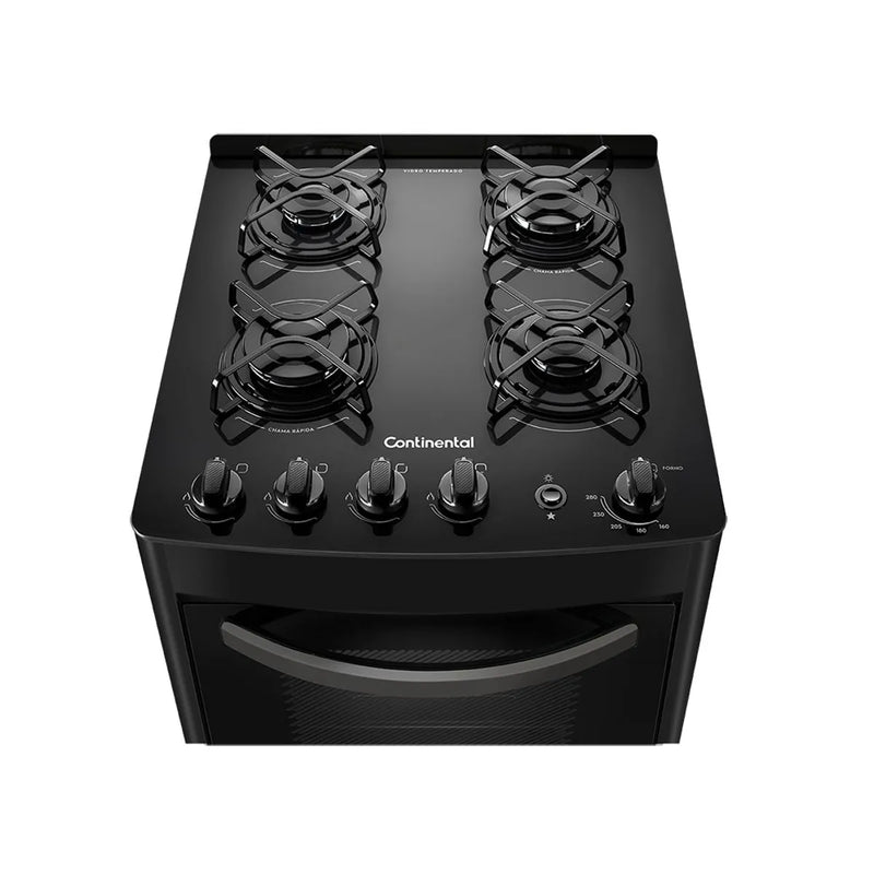 Fogão 4 Bocas Continental Automático Preto com Mesa de Vidro Temperado (FC4VP) - Bivolt