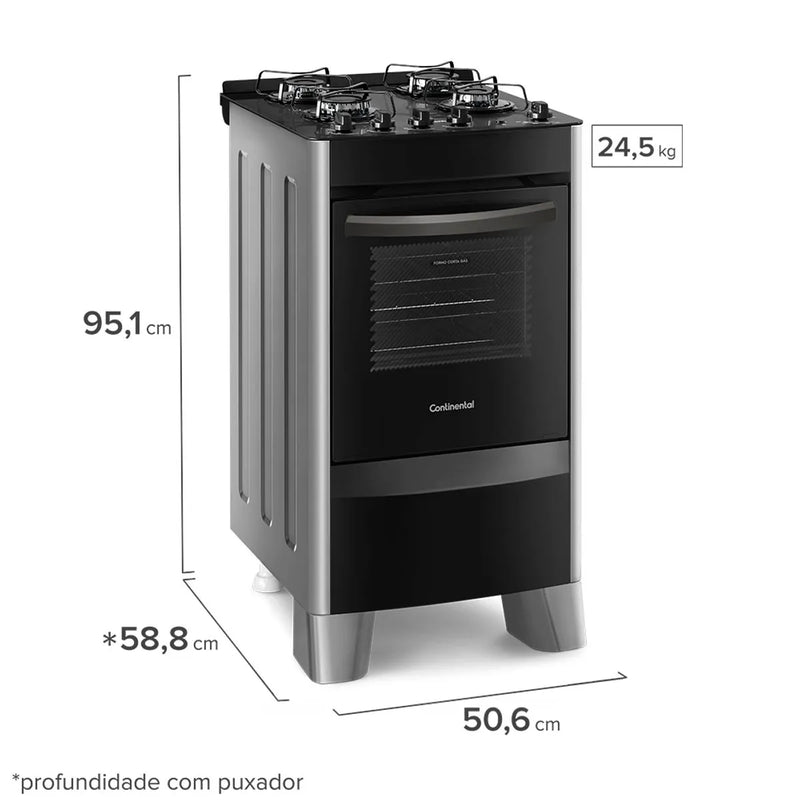 Fogão 4 Bocas Continental Automático Prata com Mesa de Vidro (FC4VS) - Bivolt