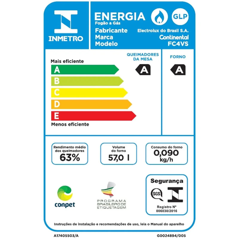 Fogão 4 Bocas Continental Automático Branco com Mesa de Vidro (FC4VB) - Bivolt