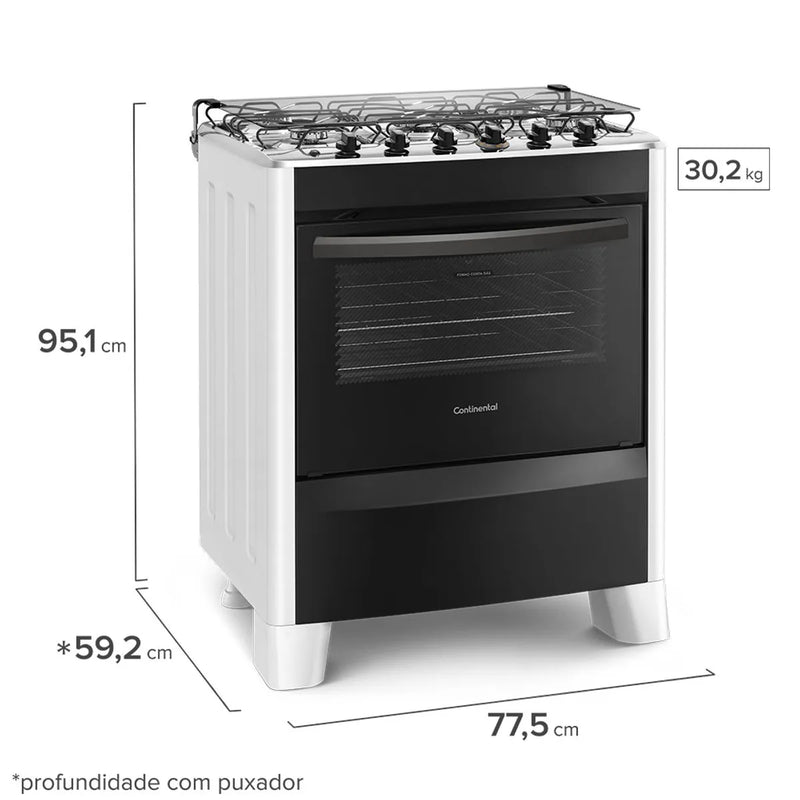 Fogão 5 Bocas Continental Automático Branco com Mesa de Inox (FC5CB) - Bivolt