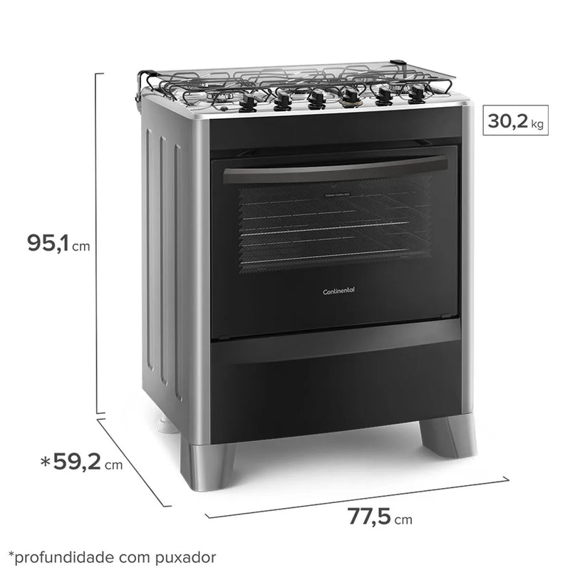 Fogão 5 Bocas Continental Automático Prata com Mesa de Inox (FC5CS) - Bivolt