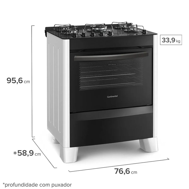 Fogão 5 Bocas Continental Automático Branco com Mesa de Vidro (FC5VB) - Bivolt