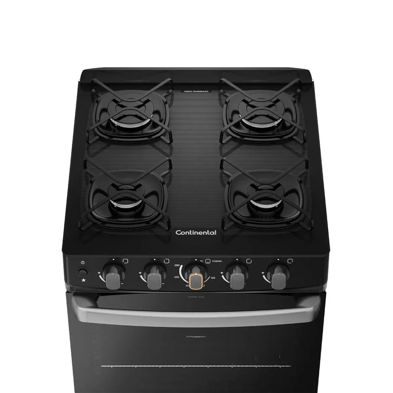 Fogão 4 Bocas Continental Preto Automático com TOPLimpaFácil e Mesa de Vidro (FC4FP) - Bivolt