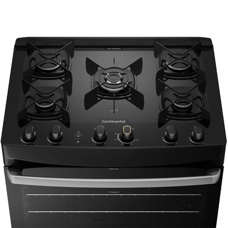 Fogão 5 Bocas Continental Preto Automático com TOPLimpaFácil e Mesa de Vidro (FC5GS) Premium - Bivolt