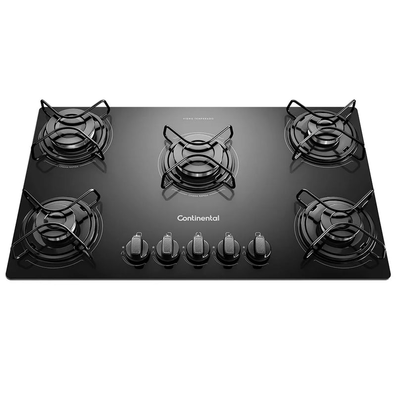 Kit Cooktop 5 Bocas Continental a Gás de Vidro Temperado Preto + Forno de Embutir a Gás Continental 80L com TOPLimpaFácil (KC5GP+OC8GM)