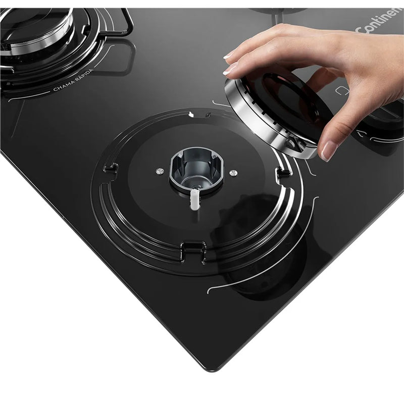 Kit Cooktop 5 Bocas Continental a Gás de Vidro Temperado Preto + Forno de Embutir a Gás Continental 80L com TOPLimpaFácil (KC5GP+OC8GM)