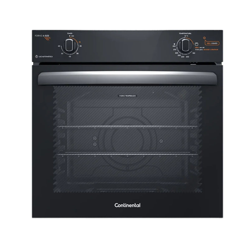 Kit Cooktop 5 Bocas Continental a Gás de Vidro Temperado Preto + Forno de Embutir a Gás Continental 80L com TOPLimpaFácil (KC5GP+OC8GM)