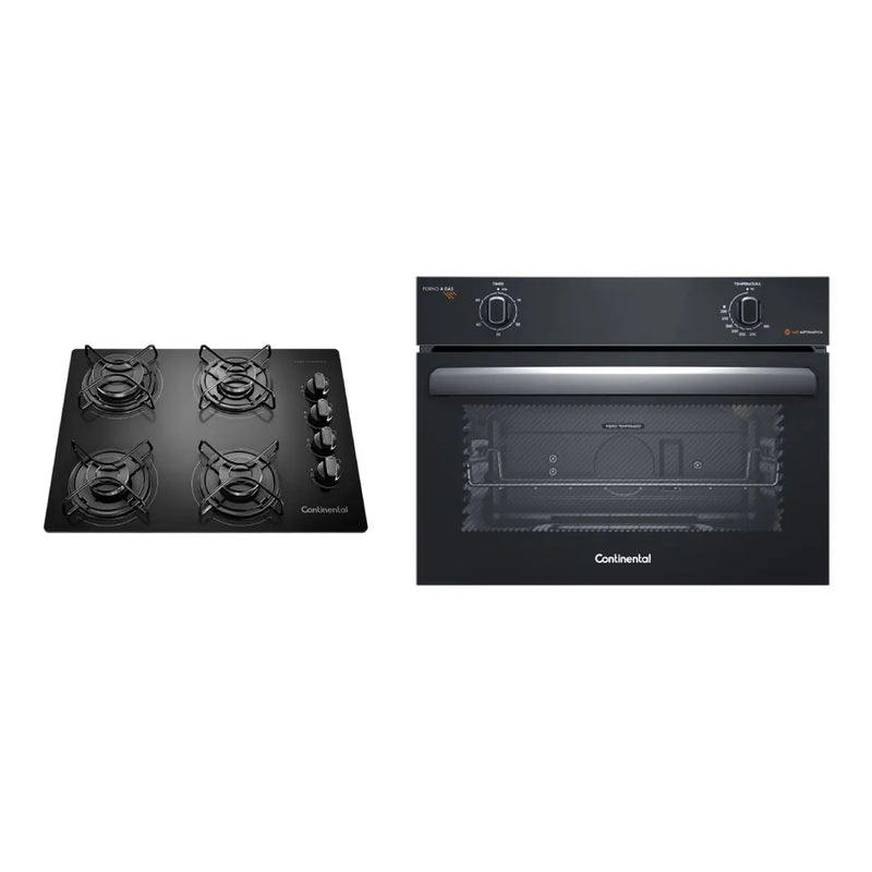 Kit Cooktop 4 Bocas Continental a Gás de Vidro Temperado Preto + Forno de Embutir a Gás Continental 50L com TOPLimpaFácil (KC4GP+OC4GM)