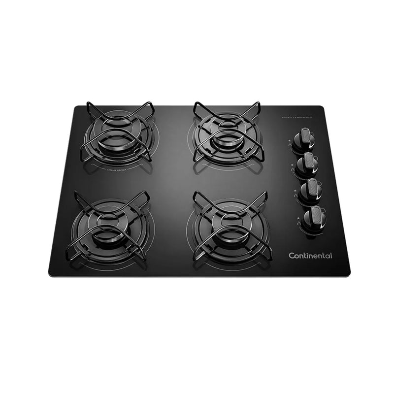 Kit Cooktop 4 Bocas Continental a Gás de Vidro Temperado Preto + Forno de Embutir a Gás Continental 50L com TOPLimpaFácil (KC4GP+OC4GM)