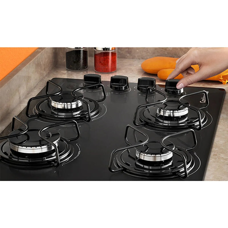 Kit Cooktop 4 Bocas Continental a Gás de Vidro Temperado Preto + Forno de Embutir a Gás Continental 50L com TOPLimpaFácil (KC4GP+OC4GM)