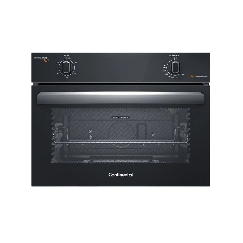 Kit Cooktop 4 Bocas Continental a Gás de Vidro Temperado Preto + Forno de Embutir a Gás Continental 50L com TOPLimpaFácil (KC4GP+OC4GM)