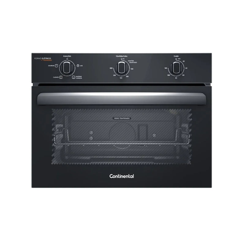 Kit Cooktop 4 Bocas Continental a Gás de Vidro Temperado Preto + Forno de Embutir Elétrico Continental 50L com TOPLimpaFácil (KC4GP+OC4EM)