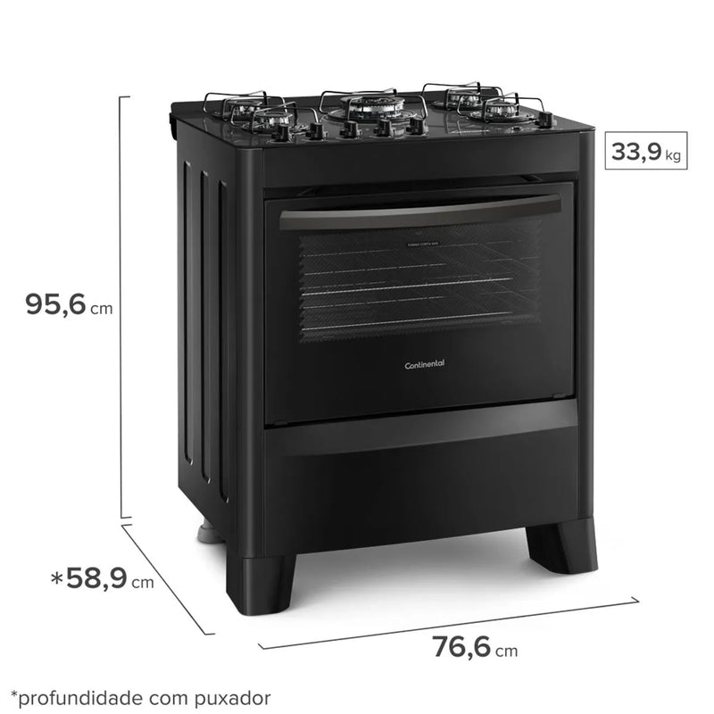 Fogão 5 Bocas Continental Automático Preto com Mesa de Vidro Temperado (FC5VP) - Bivolt