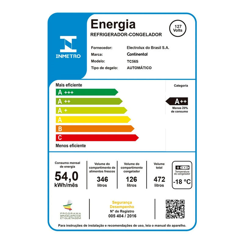 Geladeira/Refrigerador Continental Frost Free Duplex Prata 472 Litros (TC56S)